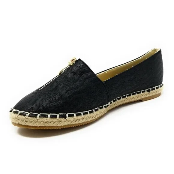 Women Espadrille Zipper Ballet Flats, E-2607 Black - Picture 2 of 4